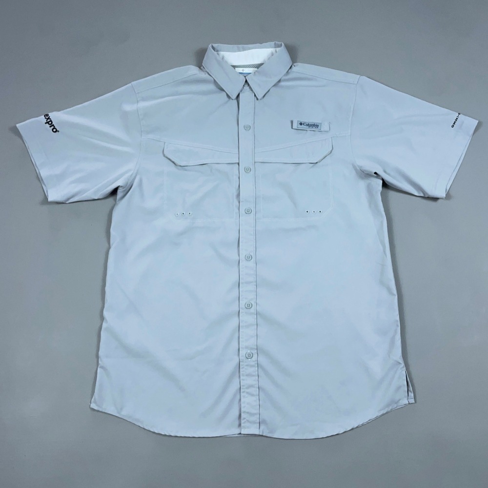 Columbia PFG Mens Grey Short Sleeve Button Down Fishing Shirt Gexpro Logo Small